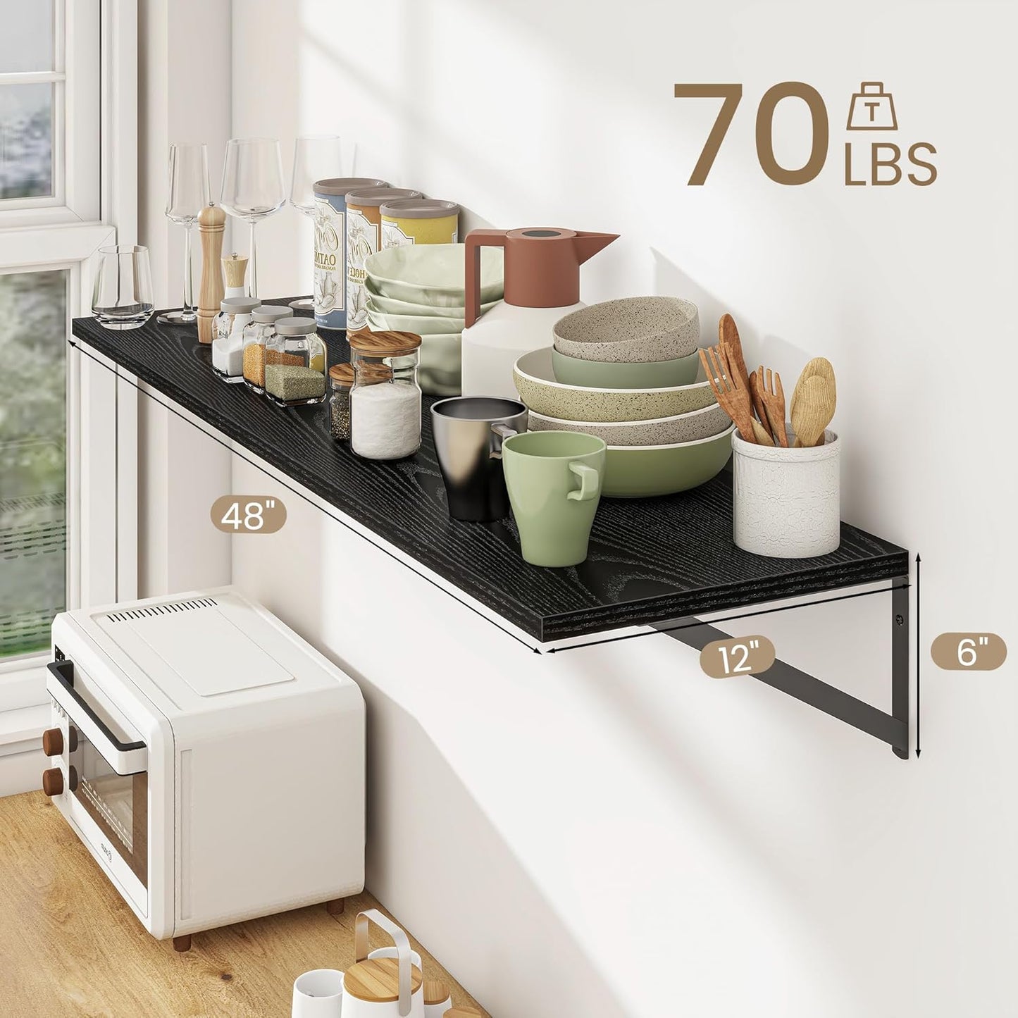 Dreamland Floating Shelves for Wall, 12 Inch Deep Floating Shelves Set of 2, 48W x 12D Large Wall Shelf with Sturdy Metal Brackets for Living Room, Bathroom, Bedroom and Kitchen, Black