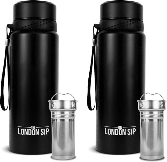 London Sip 25 oz Multi-Function Travel Mug and Tumbler Tea Infuser Water Bottle Fruit Infuser Flask Hot and Cold Double Wall Stainless Steel Coffee Thermos, Zen Black, Pack of 2