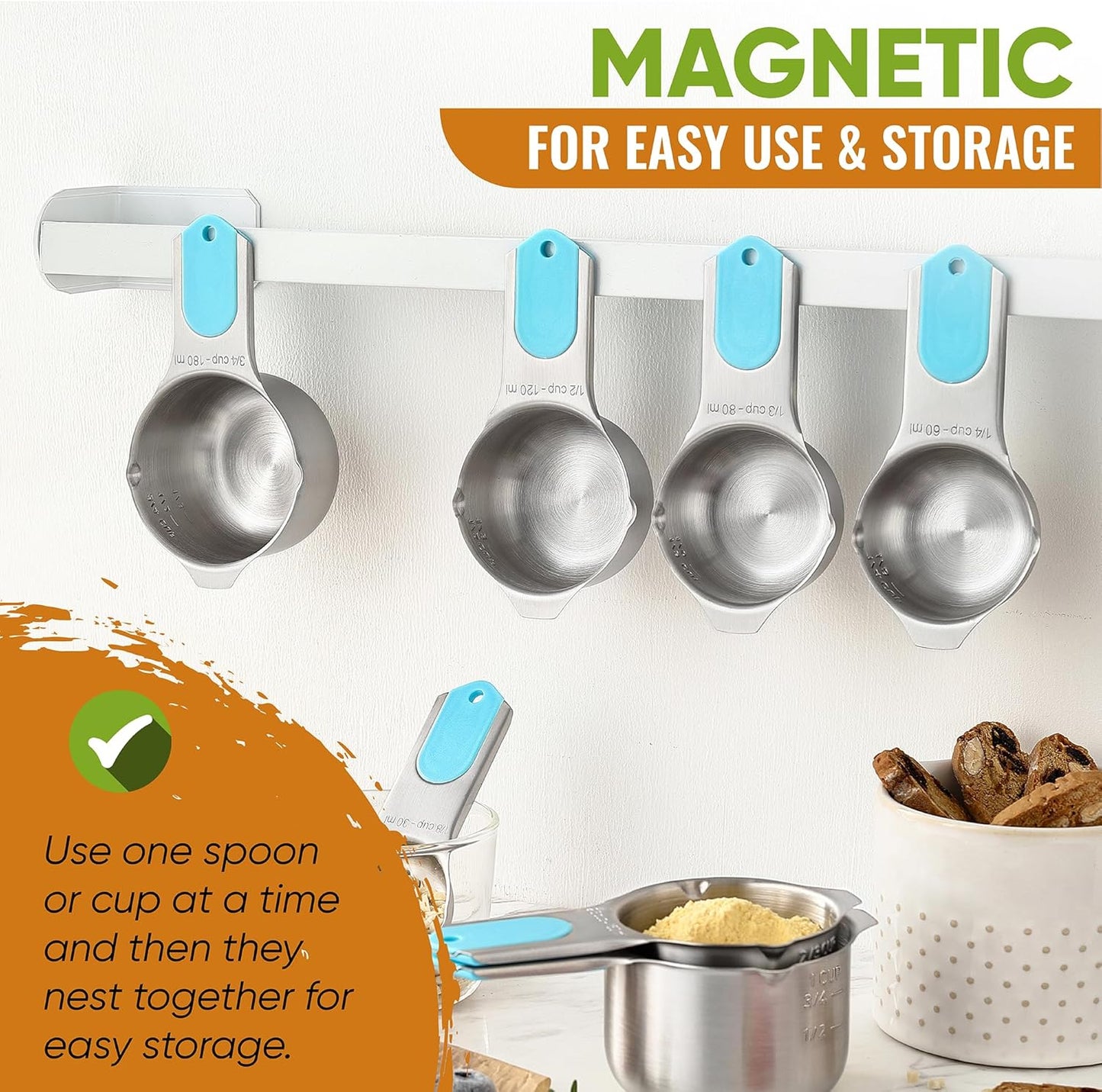 Spring Chef Magnetic Measuring Cups & Spoons Set (Patent Pending), Strong Magnets, Heavy Duty Stainless Steel Fits in Spice Jars for Baking & Cooking, BPA Free, Round Set of 15 with Leveler, Aqua Sky