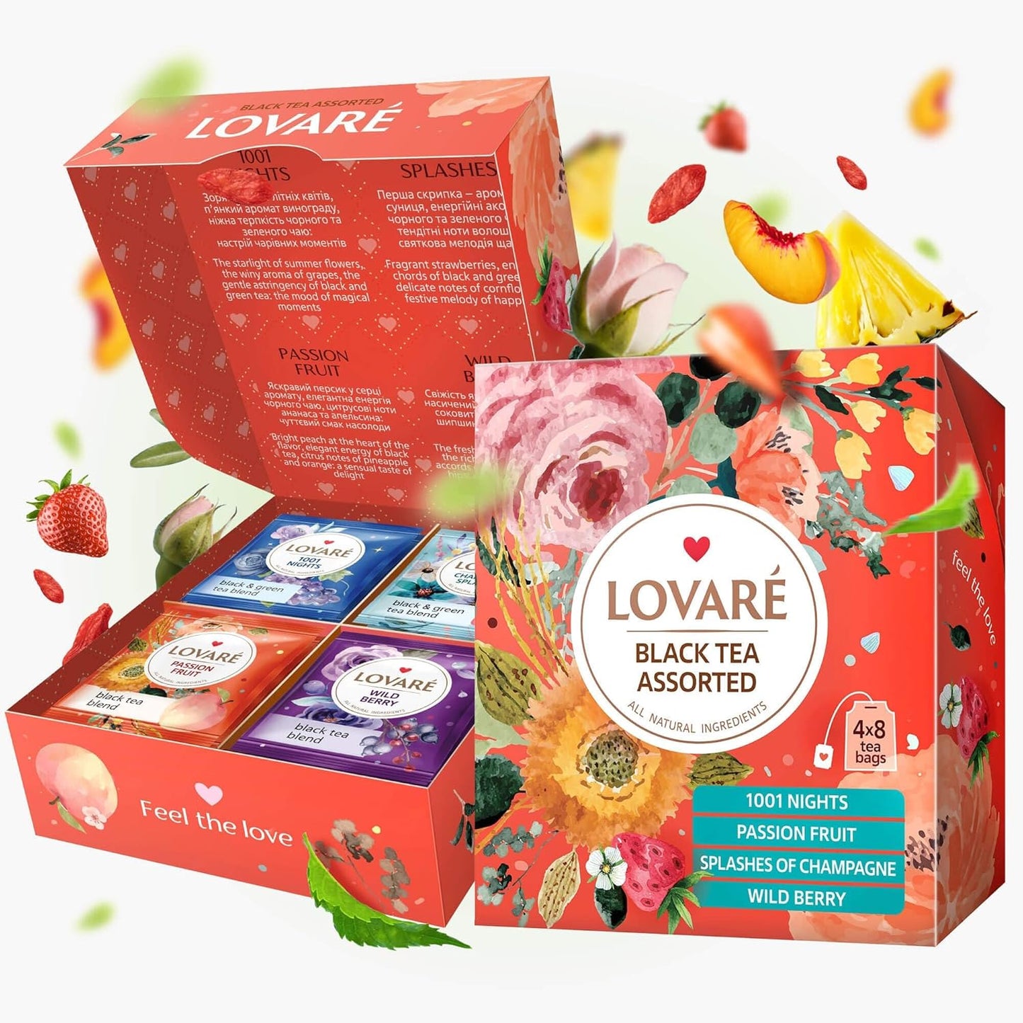 LOVARE Tea Bags, 32 Count - Assorted Black Tea Variety Pack - 1001 Night, Passion Fruit, Champagne Splashes, Wild Berry - Made in Ukraine - Gluten Free
