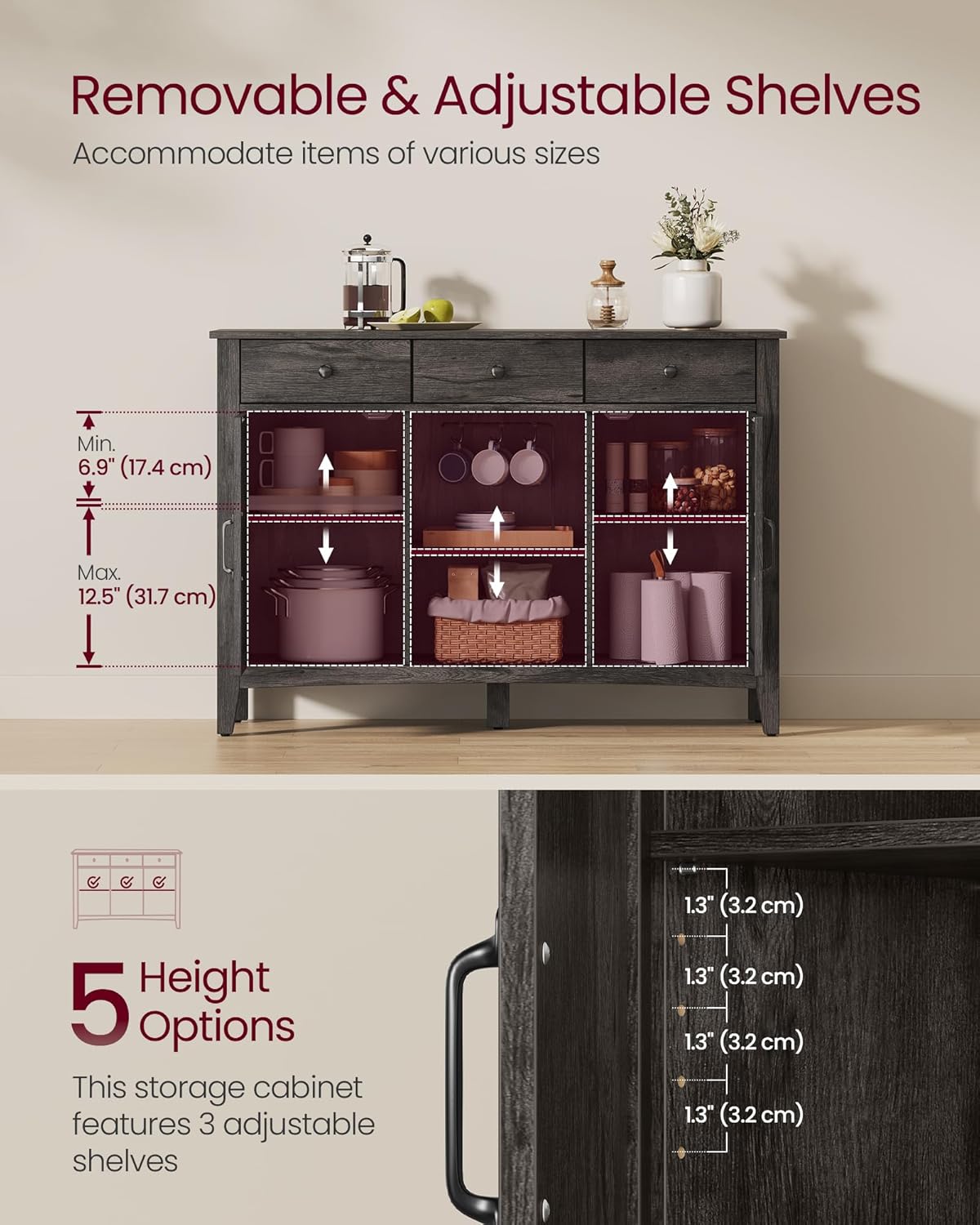 VASAGLE LIRY Collection - Buffet Cabinet, Coffee Bar Cabinet with 3 Drawers, Adjustable Shelves, Sideboard Storage with Cable Holes, Drawer Dividers, Antique Charcoal UBBK371B02V1