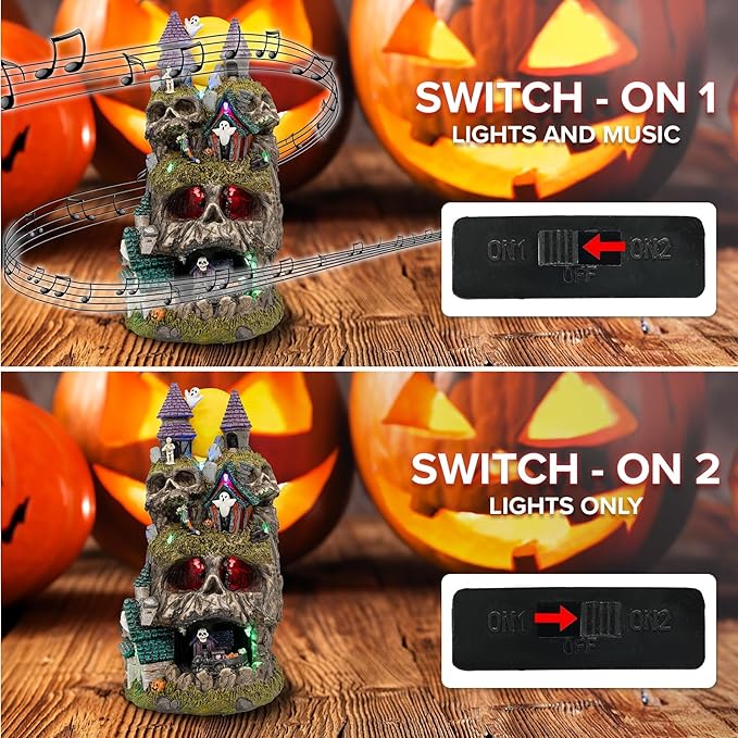 Skullstone Hollow Skull Theme Spooky Halloween Village Multi-Color LED Lights, Animated Motion and Music 7.75" x 7.5" x 13.5"