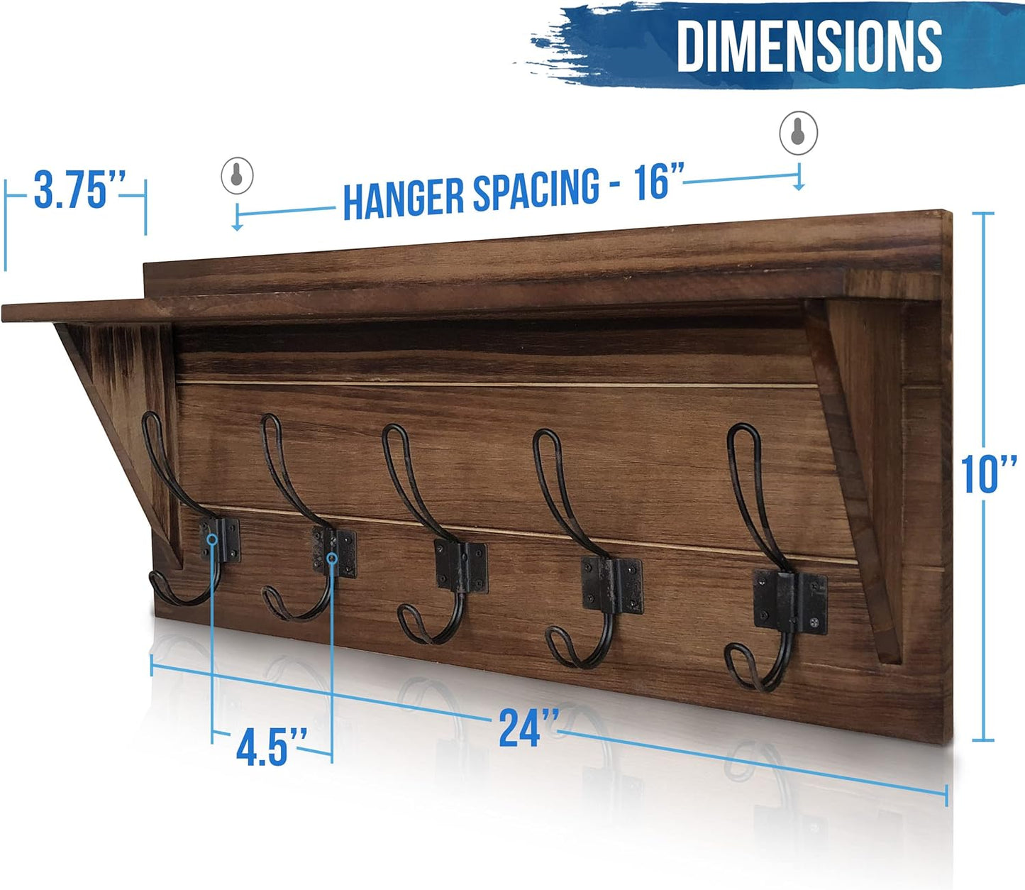 HBCY Creations Rustic Brown Solid Wood Wall Mounted Coat Rack with Shelf, 5 Hooks, 24" Long - Kitchen, Mudroom, Entryway, Bathroom - Includes Mounting Hardware, Coat Hanger, Dog Leash Hooks