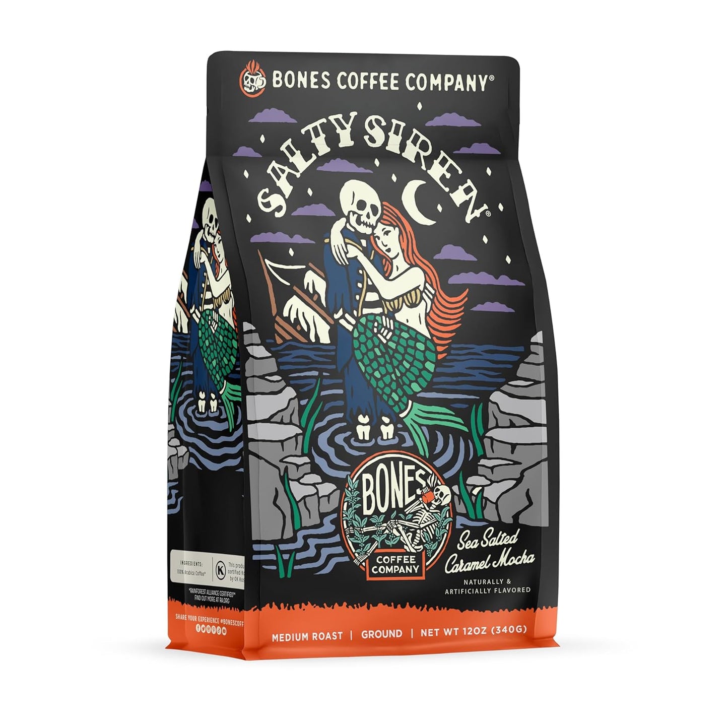 Bones Coffee Company Salty Siren, Sea Salted Caramel Chocolate Flavored Coffee, Medium Roast Low Acid Arabica Beans Compatible with Auto drip and French Press Coffee Maker, 12 Oz Ground