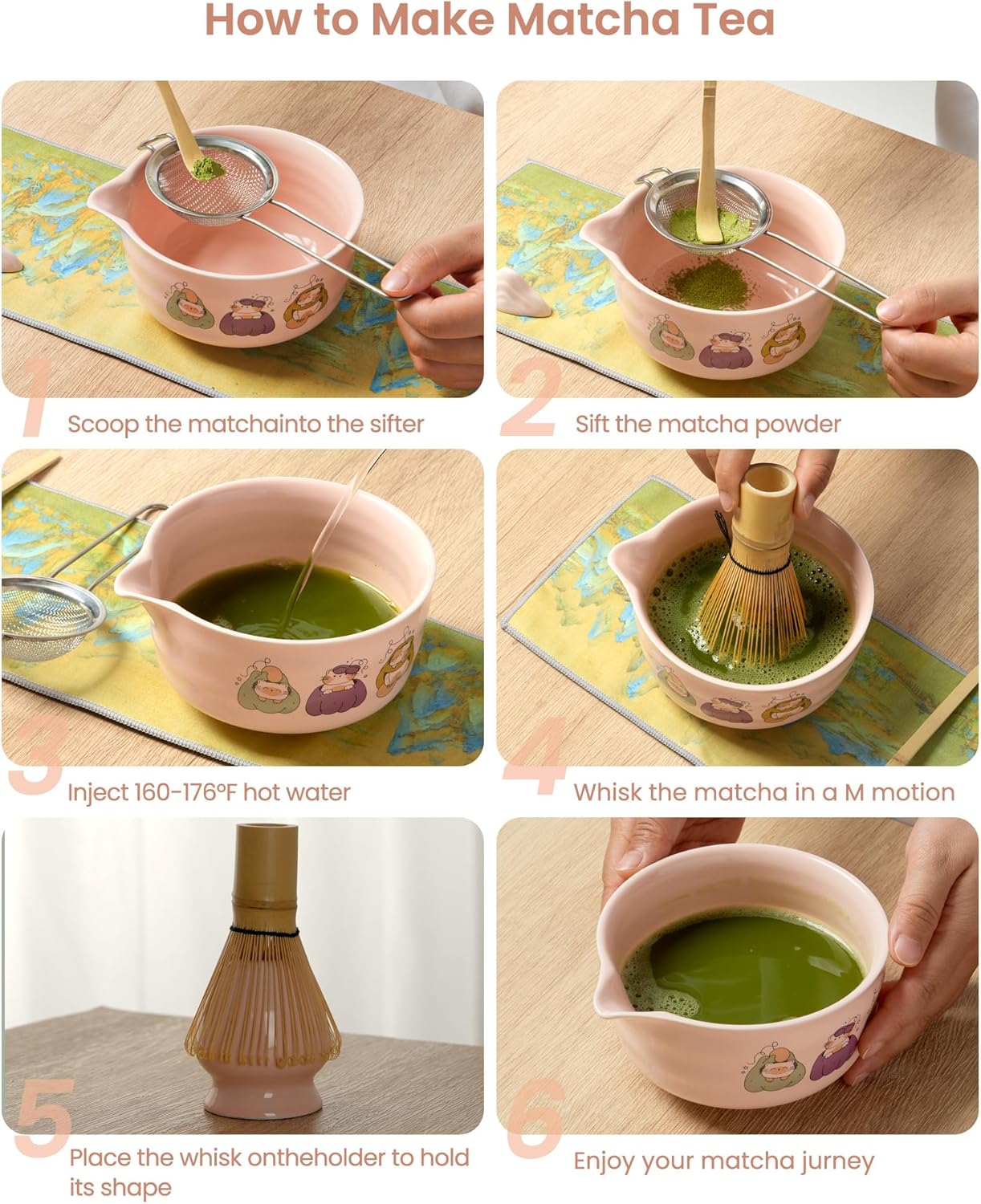 Matcha Whisk Set, 7 Pcs Pink Matcha Set Includes Matcha Bowl,Matcha Whisk and Holder, Bamboo Scoop, Scoop Rest, Sifter and Tea Towel -Matcha Kit for Matcha Lovers