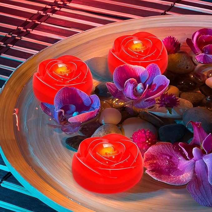 Aignis 12pcs Flameless LED Floating Candles, Red Rose Plastic Tealights Battery Operated, 120+ Hours Glow Time, Cozy Light for Romantic Pool/Bathtub/Hot Bath/Wedding Centerpiece Decor(D2.83 * H1.42)