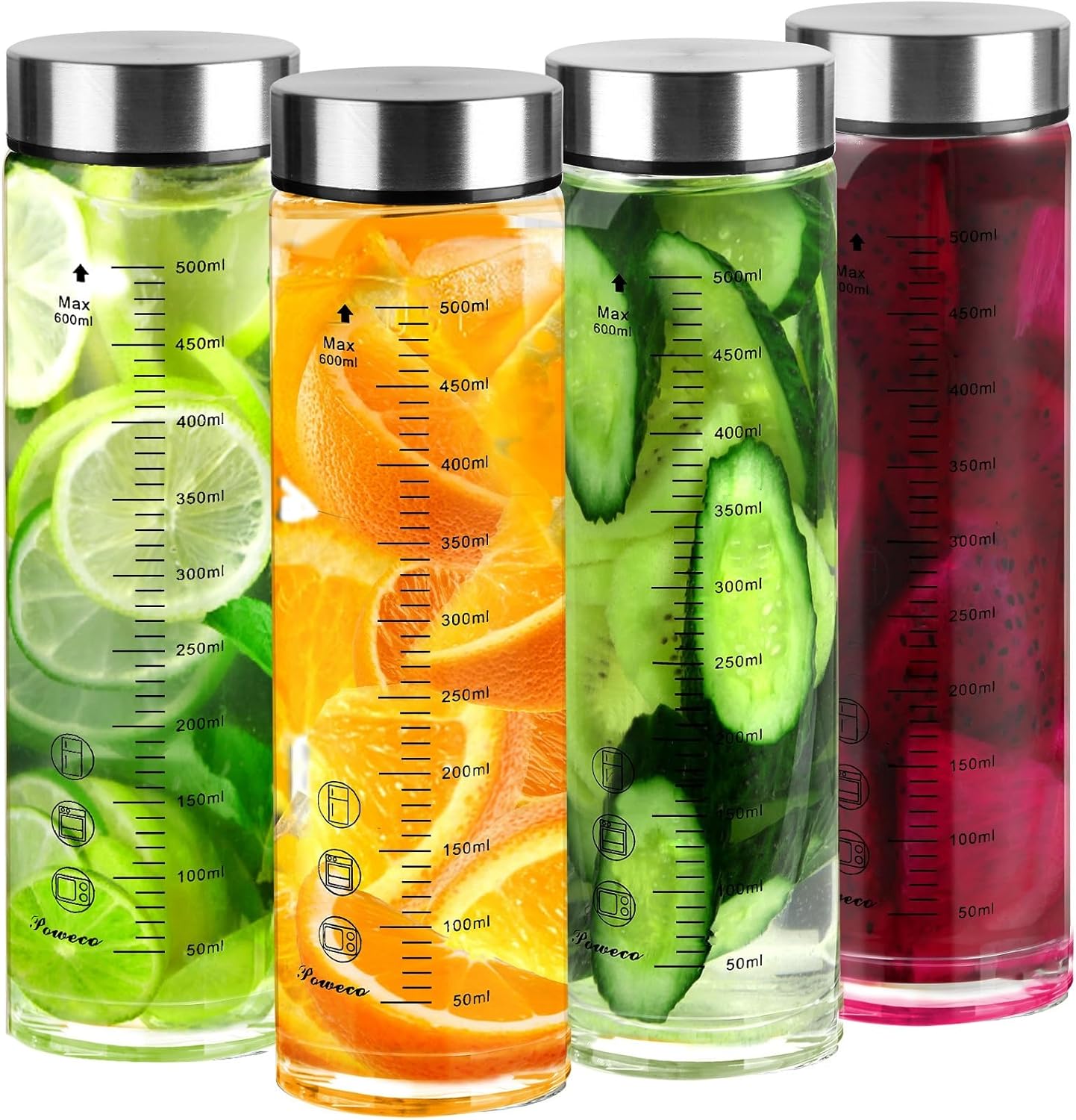 Glass Juice Bottles 4 Pack 20 oz - Wide Mouth Glass Water Bottles with Lids - for Juicing, Protein, Smoothie, Milk, Reusable, BPA Free, Stainless Steel Lids, Blender, Shaker Bottle (20oz/600ml)