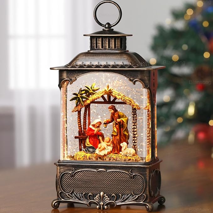 Nativity Snow Globe Lantern Christmas Decorations Gifts Auto Snowfall Glitter Music Collection Manger Sheep Pen Nativity Scene with 6H Timer USB/Battery Powered 10.2 inch