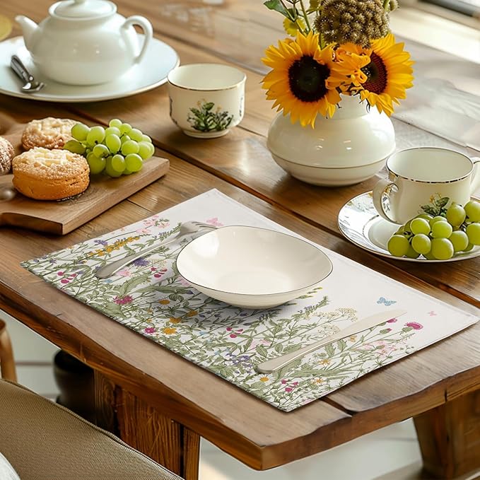 Rustic Wildflower Floral Placemats Set of 4 Spring Summer Vintage Flowers Plants Herbs Linen Table Mats 12x18 Inch Seasonal Flower Decorative Place mats for Farmhouse Kitchen Dining Decoration