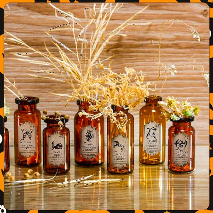 KIMOBER 144PCS Halloween Bottle Labels, Assoeted Vintage Laminated Animal Apothecary Potion Bottles Stickers for Halloween Party Supplies Photo Props