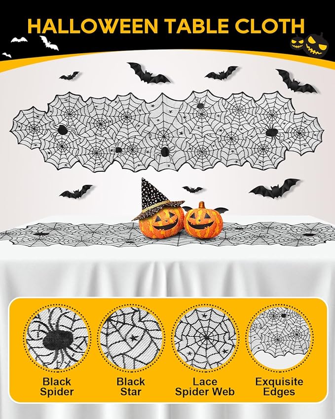 eZAKKA 5 Pack Halloween Decorations Indoor Halloween Spider Web Tablecloth Table Runners Fireplace Mantel Scarf Cobweb Lampshade Scary 3D Bats for Parties Gothic Spooky Home Decoration
