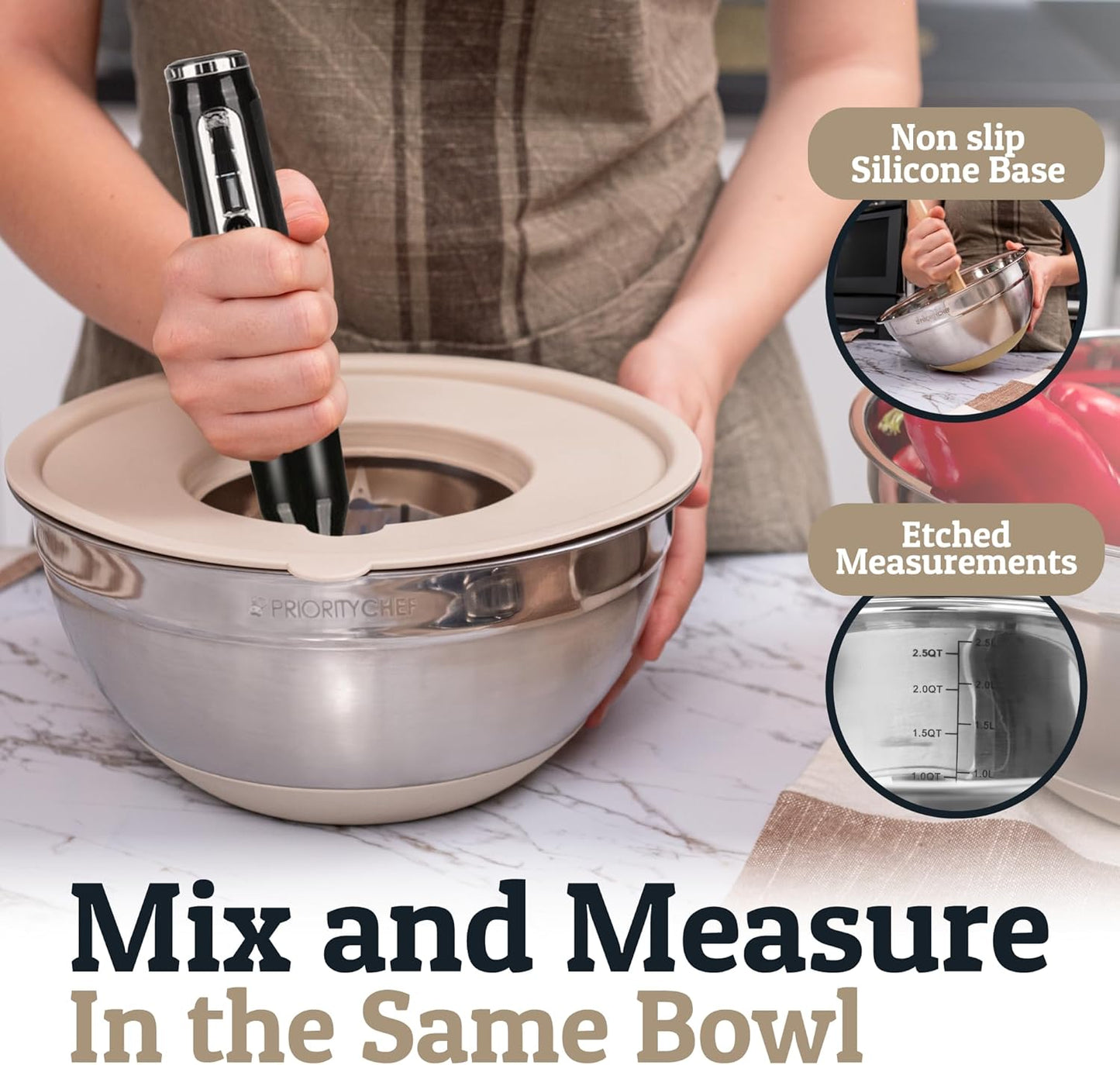 Priority Chef 6Pc Large Mixing Bowls With Lids Set with Non-Slip Bases, Stainless Steel Mixing Bowl Set, 6 Airtight Lids and 3 Graters, Khaki