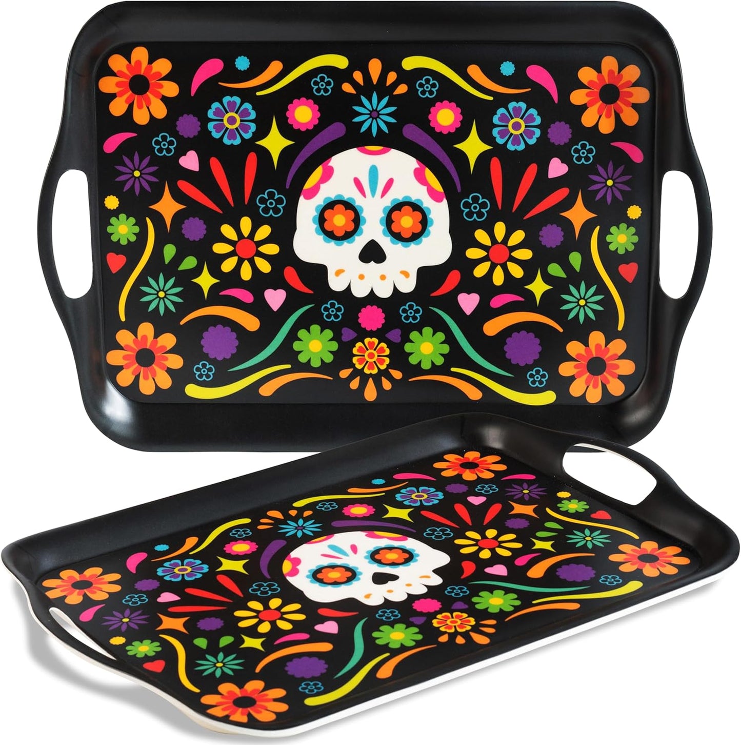 Oasis Choice 2-Pack Day of the Dead Bamboo Fiber Serving Trays - 18x13 Inch Extra Large w/Handles for BBQ, Picnic, Party - Durable Lightweight Serving Platters - Sugar Skull and Marigold Decor (Black)