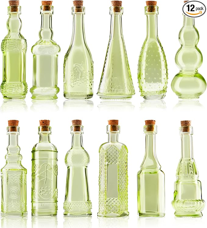 Small Mini Green Vintage Glass Bottles with Corks, Mini Vases, Decorative, Potion, Assorted Design Set of 12 pcs, 4.6 Inch Tall (11.43cm), 1.4 Inch Wide (3.56cm)