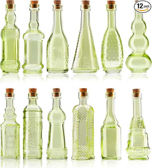 Small Mini Green Vintage Glass Bottles with Corks, Mini Vases, Decorative, Potion, Assorted Design Set of 12 pcs, 4.6 Inch Tall (11.43cm), 1.4 Inch Wide (3.56cm)