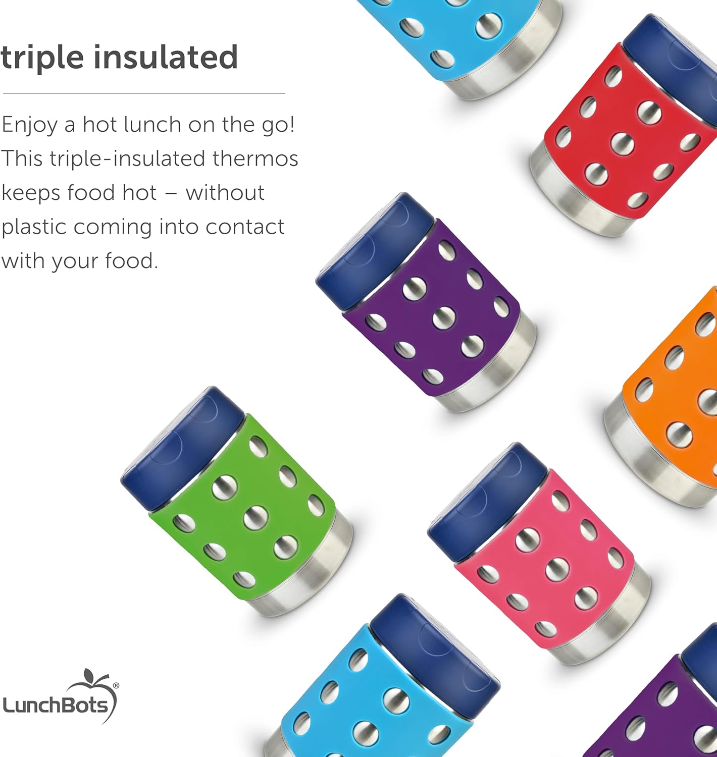 LunchBots Thermal 12 oz Triple Insulated Thermos - Hot 6 Hours or Cold 12 Hours - Leak Proof Thermos Soup Jar - All Stainless Interior - Navy Lid - Purple Dots