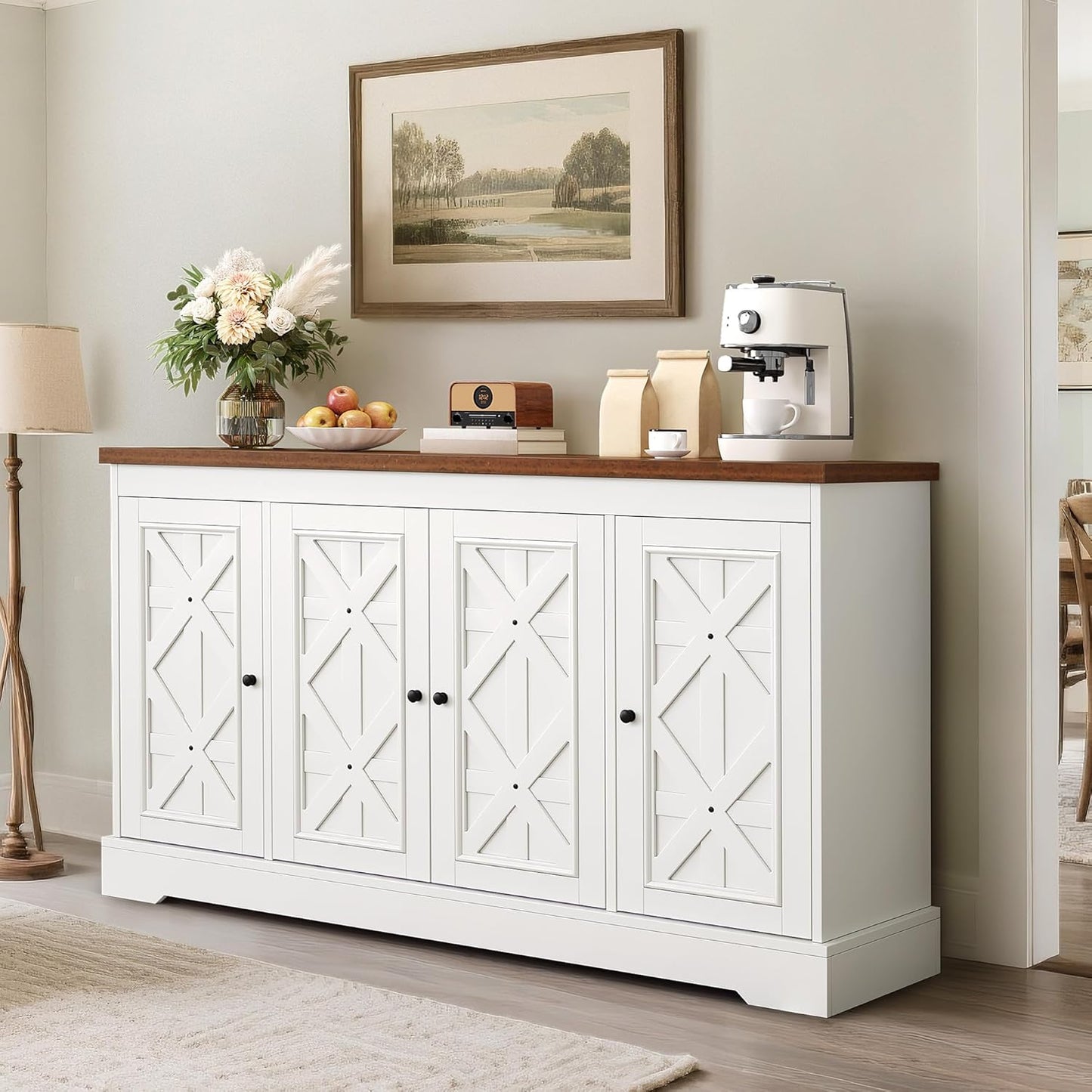 YITAHOME Sideboard Buffet Cabinet with Storage, 59" Buffet Storage with 4 Doors, Modern Farmhouse Coffee Bar Station Wood Kitchen Table with Adjustable Shelves for Kitchen, Living Room (White)