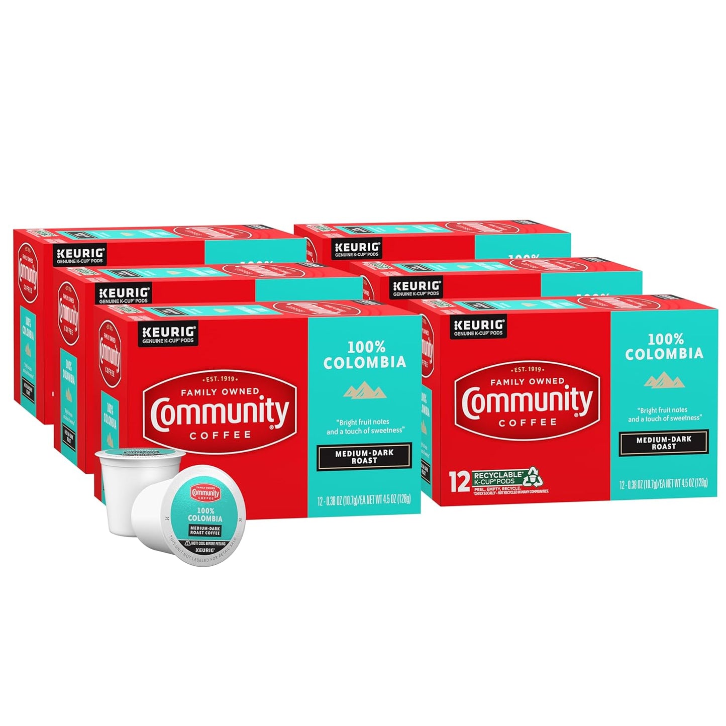 Community Coffee 100% Colombia 72 Count Coffee Pods, Medium Dark Roast, Compatible with Keurig 2.0 K-cup Brewers, 12 Count (Pack of 6)