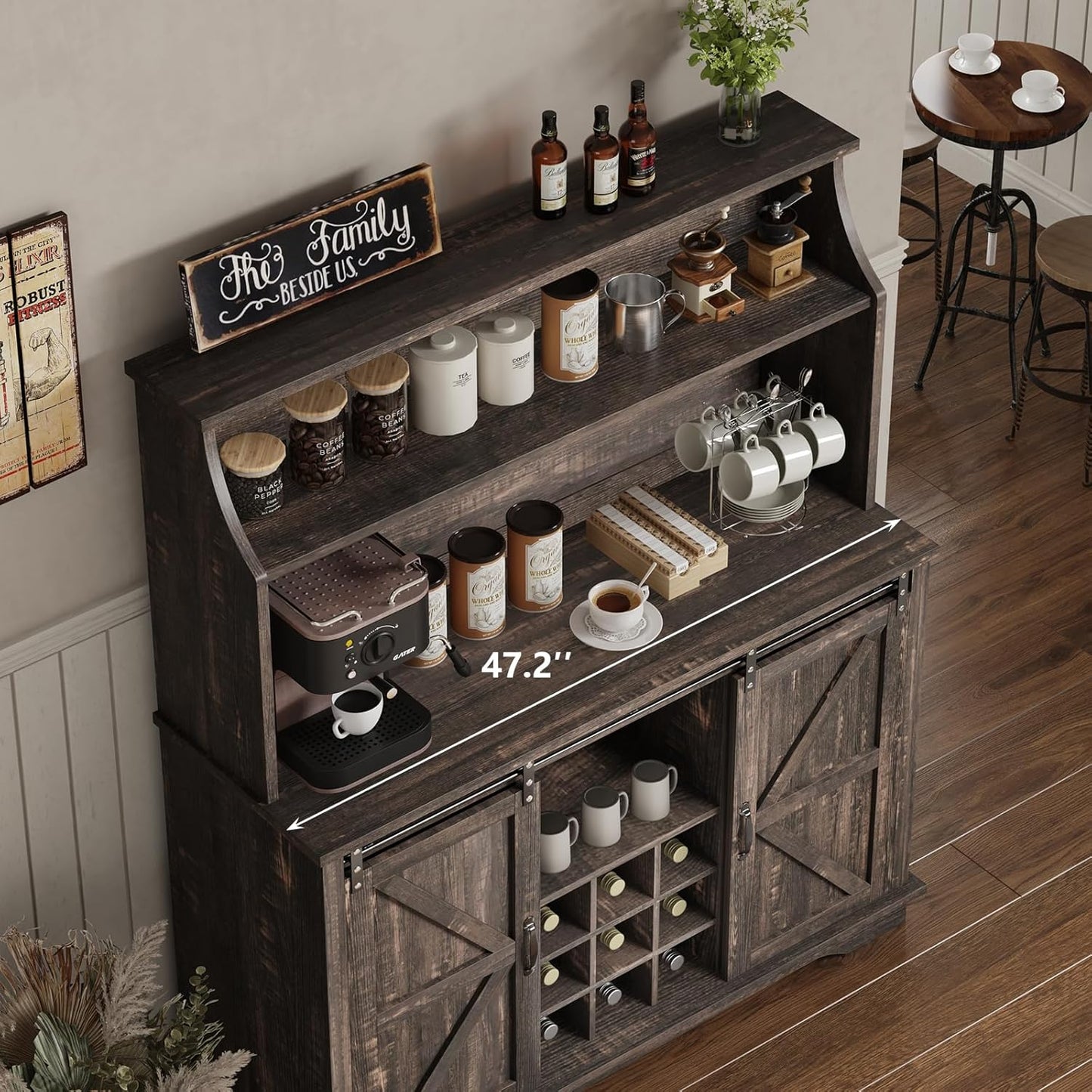 47 Inch Farmhouse Coffee Bar Cabinet with 3-Tier Storage, Coffee Bar Hutch with 9 Wine Racks, 3 Glass Holders, 6 Hooks, Kitchen Storage Cabinets for Dining Living Room, Oak