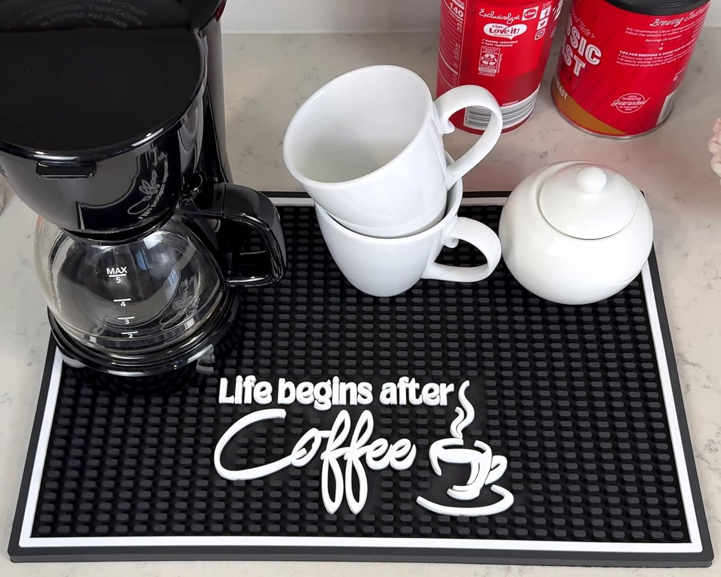 Life Begins After Coffee Bar Mat Sign for Countertop, 18x12 Coffee Machine Mat, Barista Shop Essentials for Your Station, Espresso Machine Protection for Countertop, Silicone Mats for Kitchen Counter