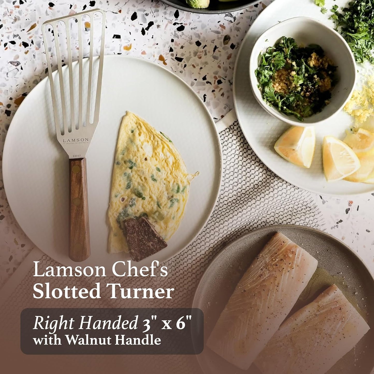 Lamson 3" x 6" Dough (Bench) Scraper and 3' x 6" Chef's Slotted Turner with Walnut Handle - Right-Hand