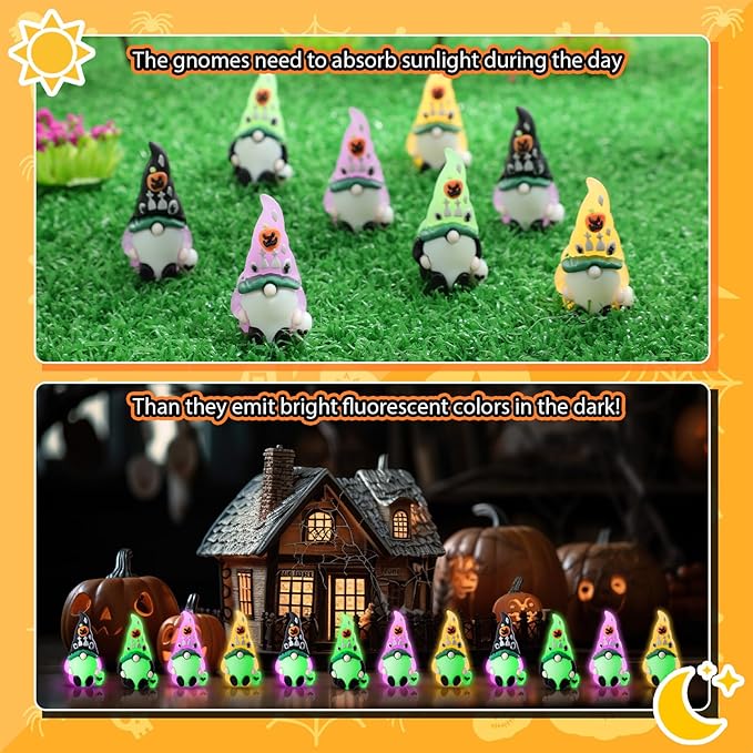 Wesiti 25 Pcs Luminous Halloween Mini Gnomes Figurines Bulk Glow in Dark Miniature Ornaments Hide and Seek Tiny Gnomes Figures Statue Halloween Party Favor Bag Fillers Garden Dollhouse Decor Gifts