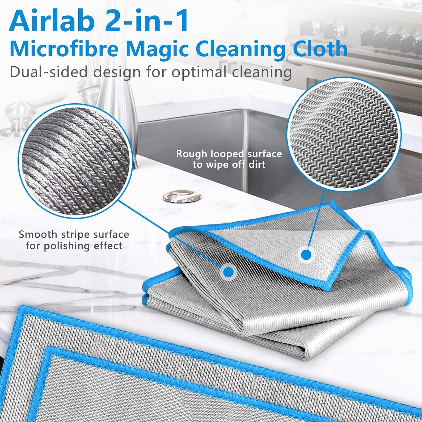 Glass Polishing Cloth Streak Free Miracle Microfiber Cleaning Cloth Lint Free Cleaning Rags for Glasses Kitchen Dish Mirrors Easy Clean, Pack of 6, 12" x 12", Sliver-Blue
