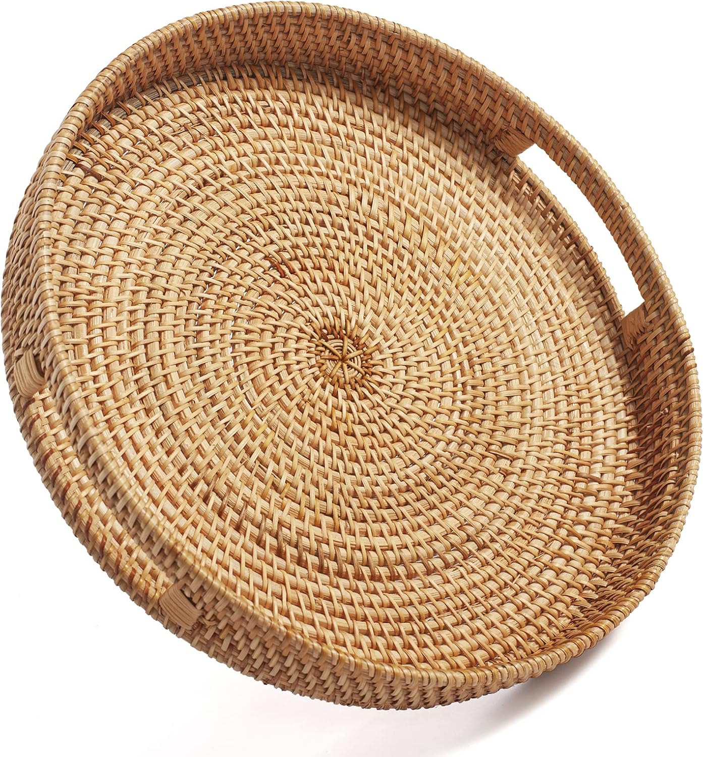 Coffee Table Tray Round Rattan Ottoman Tray Woven Serving Trays with Handles for Home and Kitchen Decorative Natural (Large 16.9 inch)