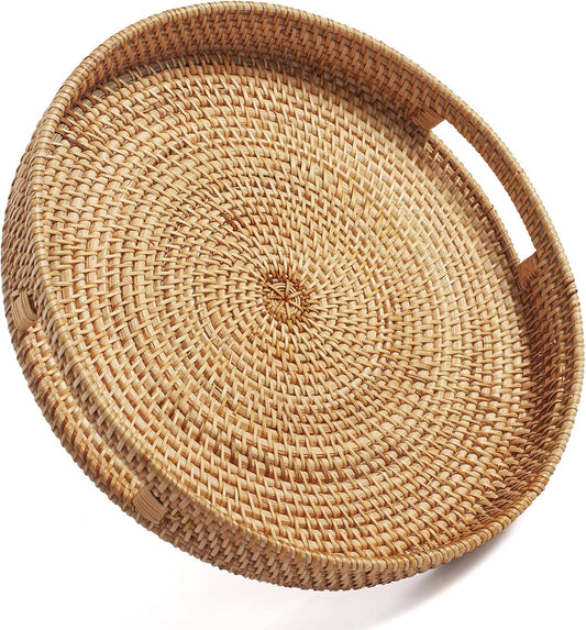 Coffee Table Tray Round Rattan Ottoman Tray Woven Serving Trays with Handles for Home and Kitchen Decorative Natural (Large 16.9 inch)