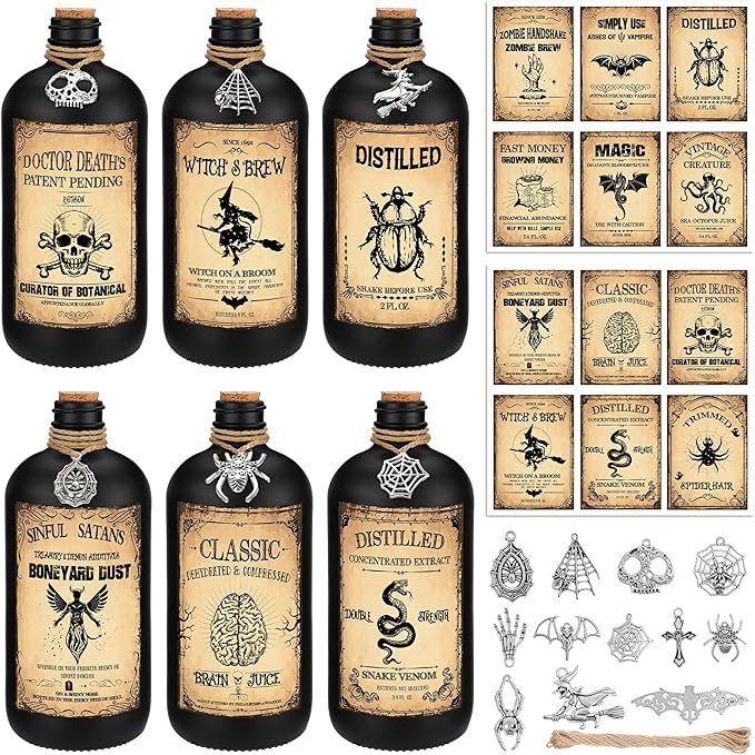Uiifan 31 Pcs Halloween Potion Bottles Set Including Glass Apothecary Bottles with Cork Stickers and Pendants Halloween Decorations Indoor Party Supplies(Black,16 oz)