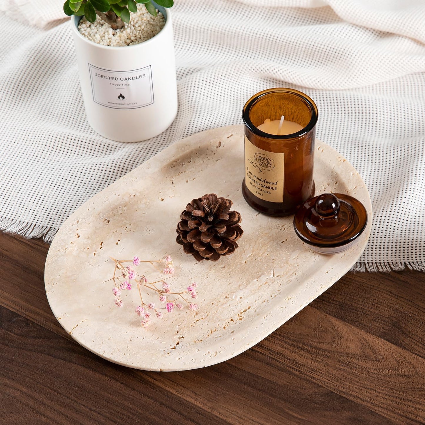 Natural Marble Decorative Tray Bathroom Counter Perfume Organizer Vanity Tray for Home Decor, Jewelry Candle, Coffee Table, Soap Holder Dresser Countertop Accessories 8"x11" Travertine