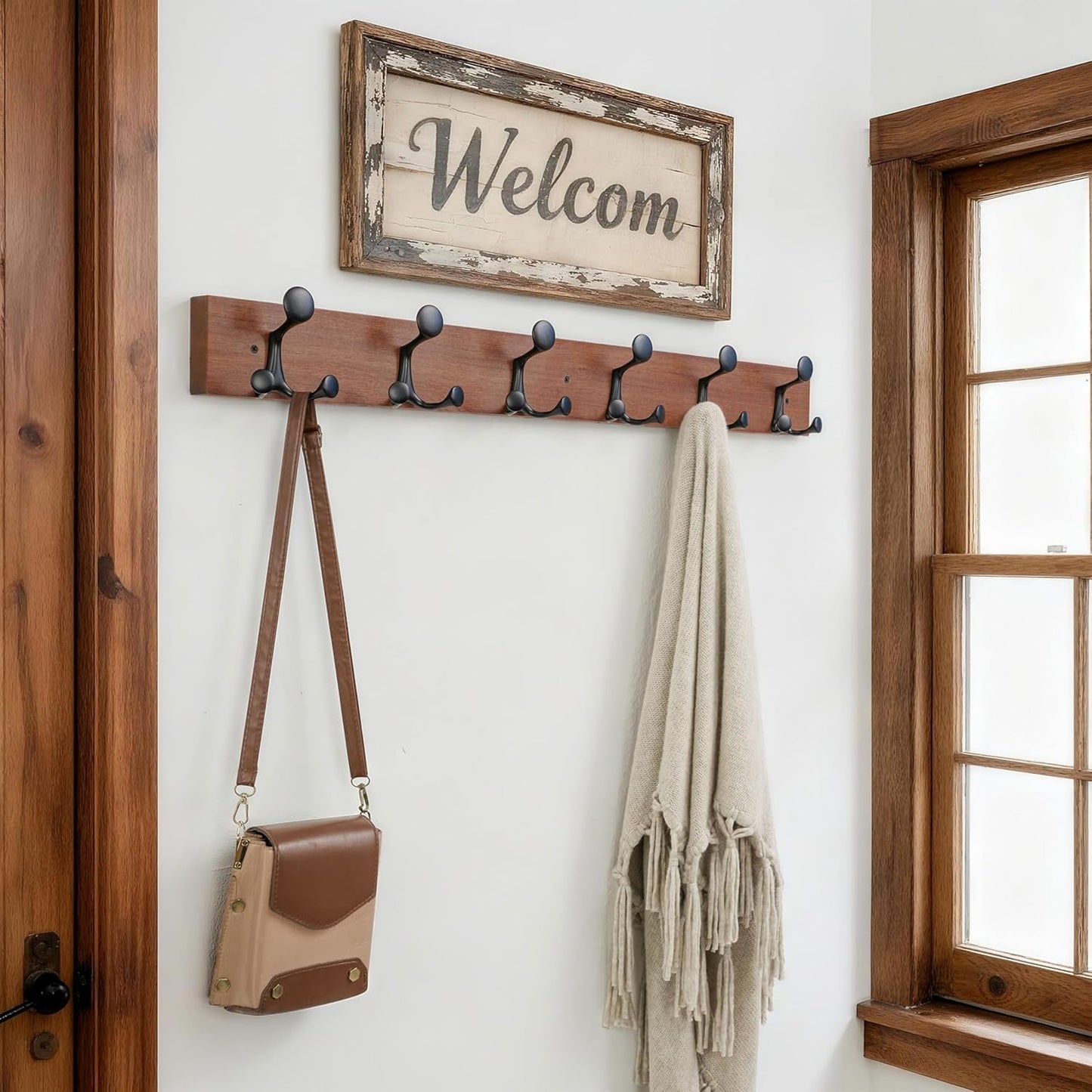 SKOLOO 36-Inch Wood Coat Rack Wall Mount with 6 Triple Hooks - Ideal for Family Entrances, Classrooms, and Pet Supplies Storage - Perfect Coat Hooks for Wall,Mahogany (Sapele)