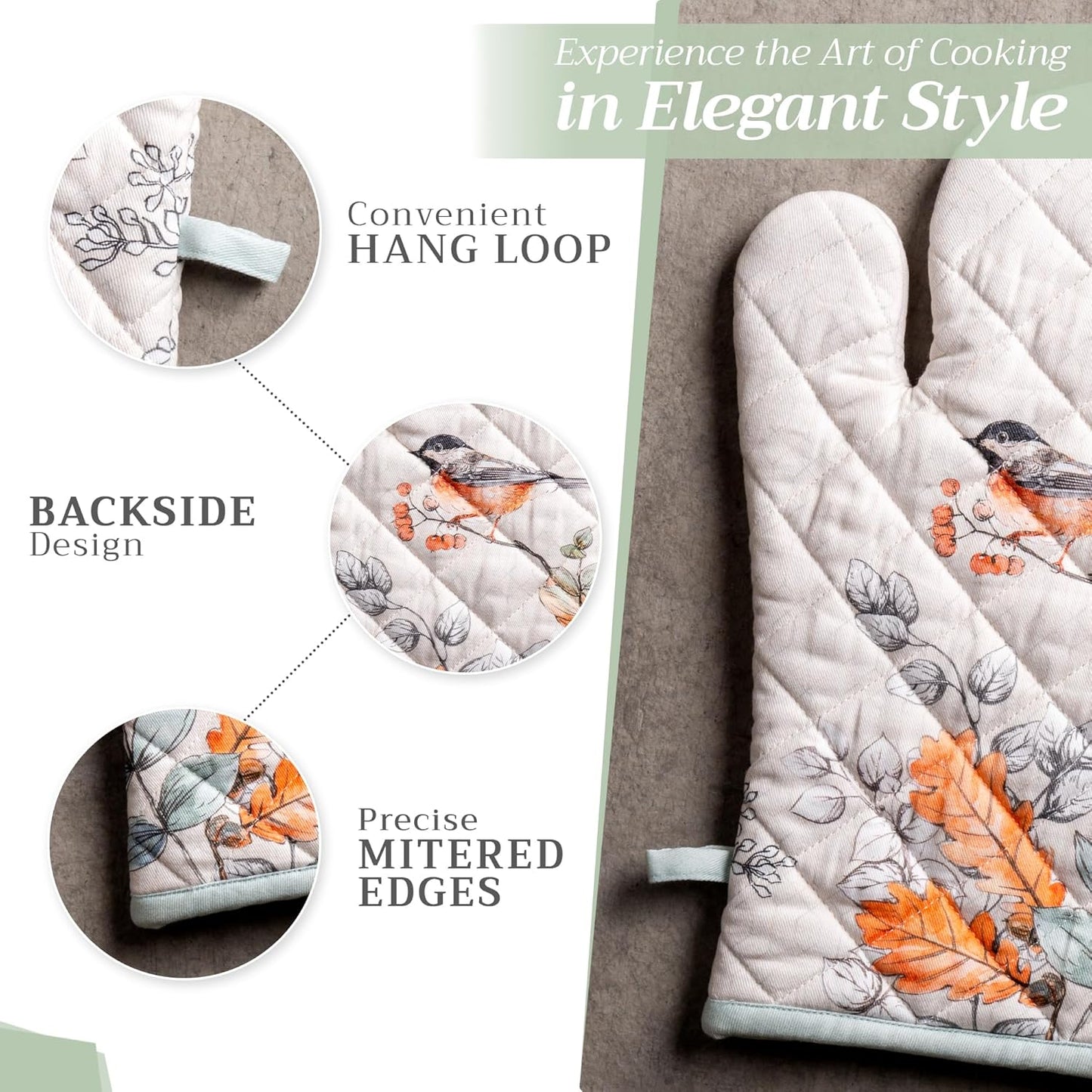 Maison d' Hermine Oven Gloves 100% Cotton Oven Mitt 7" x 13" with Loop Heat Resistant, BBQ, Cooking Gloves, Baking, Grilling, Kitchen, Handling Hot Pans (Pack of 1, Whitish Shabby Chique)