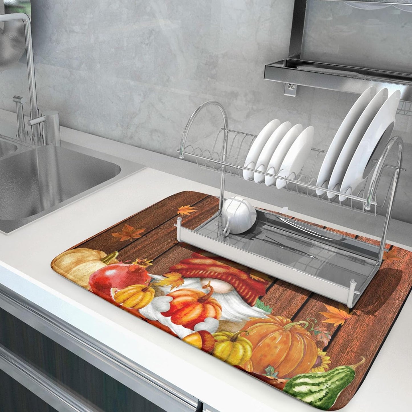 Fall Gnome Dish Drying Mat for Kitchen Counter,Autumn Pumpkin Maple Leaves Drying Mat 18 x 24 Inch Microfiber Dark Brown Wood Dish Drying Pad Dish Rack Drainer Mat Thanksgiving Day Decor