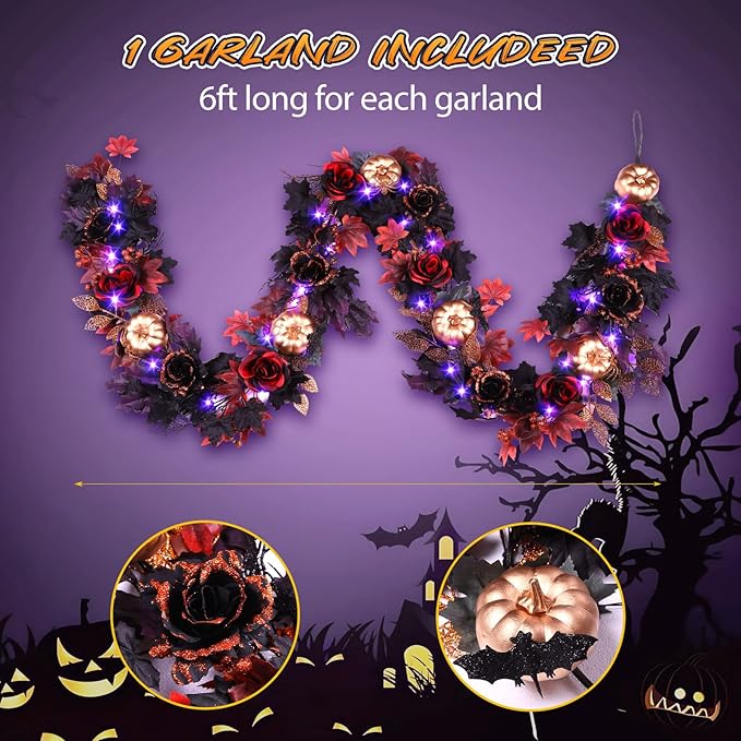 SHareconn 6FT Halloween Garland with Purple Lights Battery Operated and Timer, Pre-Lit Black Red Maple Leaves Lighted Garland Decorations for Fireplace Mantle Centerpiece Indoor Outdoor Decor, 6 FT