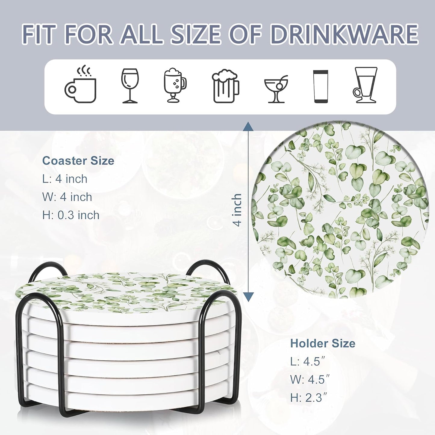 Table Coaster for Drinks Set of 6, Eucalyptus Leaf Flower Watercolor Round Ceramic Coasters,with Cork Base and Metal Holder,Great Housewarming Birthday Gifts,Home Decor