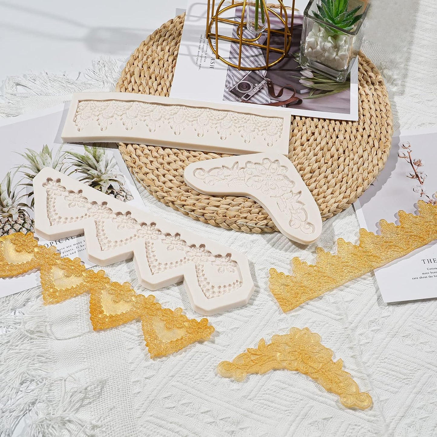 Lace Fondant Mold Set of 3, Edible Lace border Cake Decorating Imprint Mat Silicone Molds for Wedding, Valentine's Day, Chocolate, Cupcake, Cookies, Gum, Candy, Marzipan, Polymer Clay, Epoxy Crafts