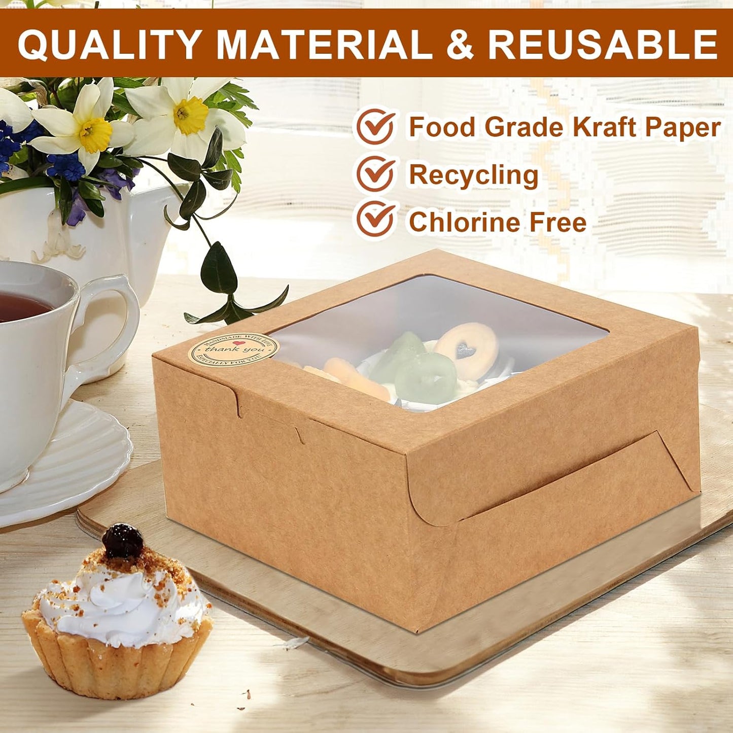 OAMCEG 50 PCS Cookie Boxes with Window, 6x6x3 Inch Cupcake Boxes, Brown Bakery Containers for Pastry, Dessert, Chocolate Strawberries, Treat Boxes with Stickers & Jute Twine