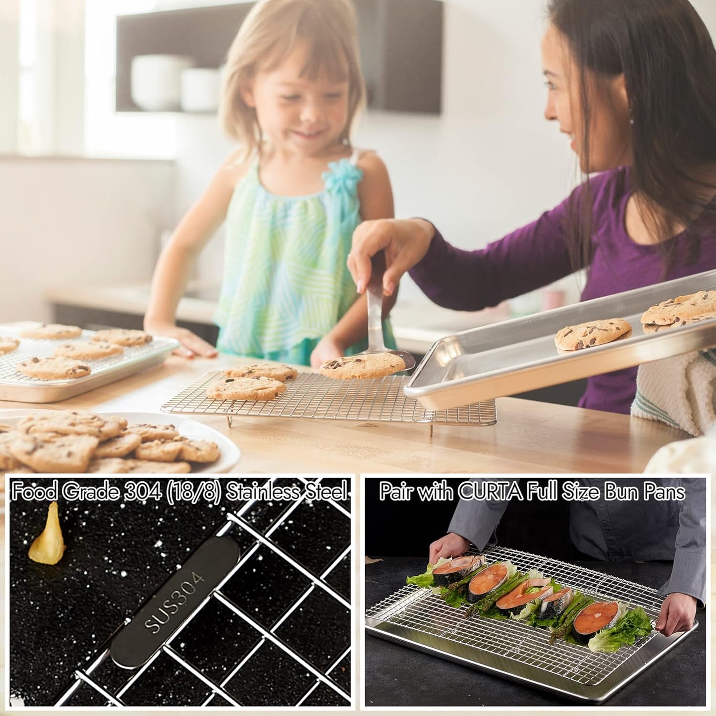 CURTA 2 Pack 16.8" X 24.4" Chef Cooling Rack,NSF Listed 18/8 Stainless Steel Oven Safe Grid Wire Cookie Cooling Racks for Baking & Cooking - Commercial Grade comes with Lifting Handl