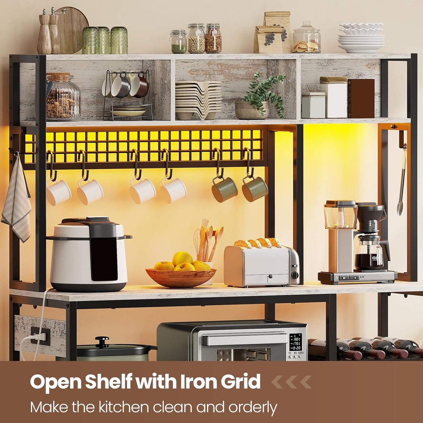 Itaar 47.2 Inch Bakers Rack with Power Outlet, Microwave Stand with Storage, Farmhouse Coffee Bar Cabinet Station with Wine Rack, Iron Mesh and 8-S Hooks, Vintage White