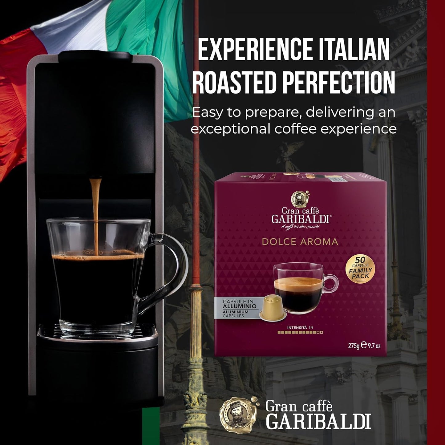 Gran Caffè Garibaldi Espresso Pods, Italian Roasted Coffee, Compatible Nespresso Original Line Machines, Nitrogen Flushed, Full-Bodied Crema, Almond & Dried Fruit - Dolce Aroma 50 Aluminum Cups