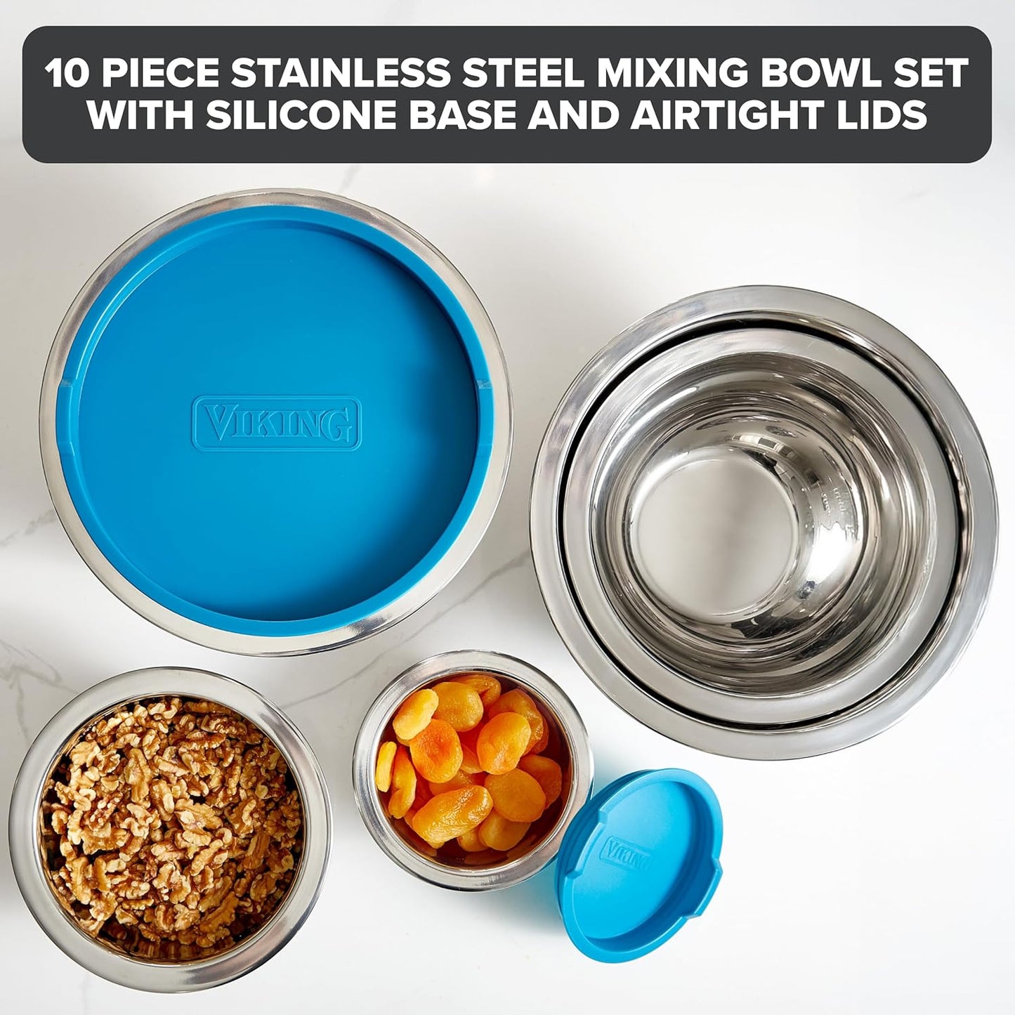 Viking Mixing Bowls Set, 10 Piece Stainless Steel Kitchen Cookware, Non-Slip Silicone Base, Includes Airtight Lids, Dishwasher Safe, Blue