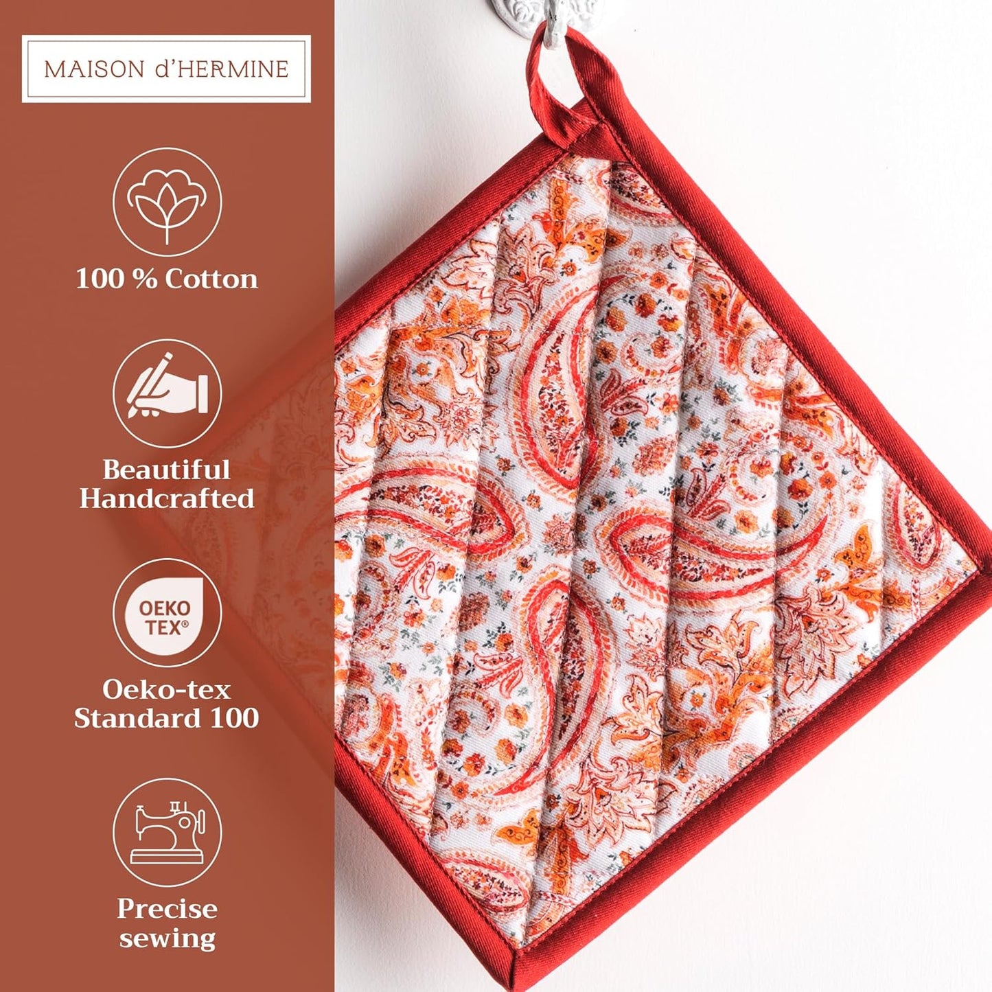 Maison d' Hermine Pot Holders Set 100% Cotton Heat Resistant Potholders 8" x 8" Hot Pads with Loop BBQ, Cooking, Baking, Grilling, Kitchen, Handling Hot Pans (Pack of 2, Orient)