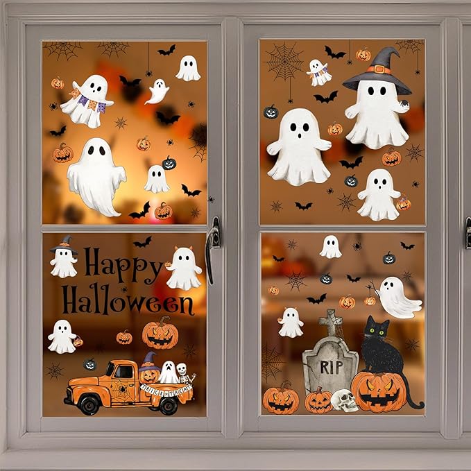 Vintage Halloween Window Clings 6 Sheets, Large Retro Spooky Ghost J-O-Lantern Pumpkin Reusable Window Decals Stickers for Home Halloween Party Decorations Supplies (Ghost)