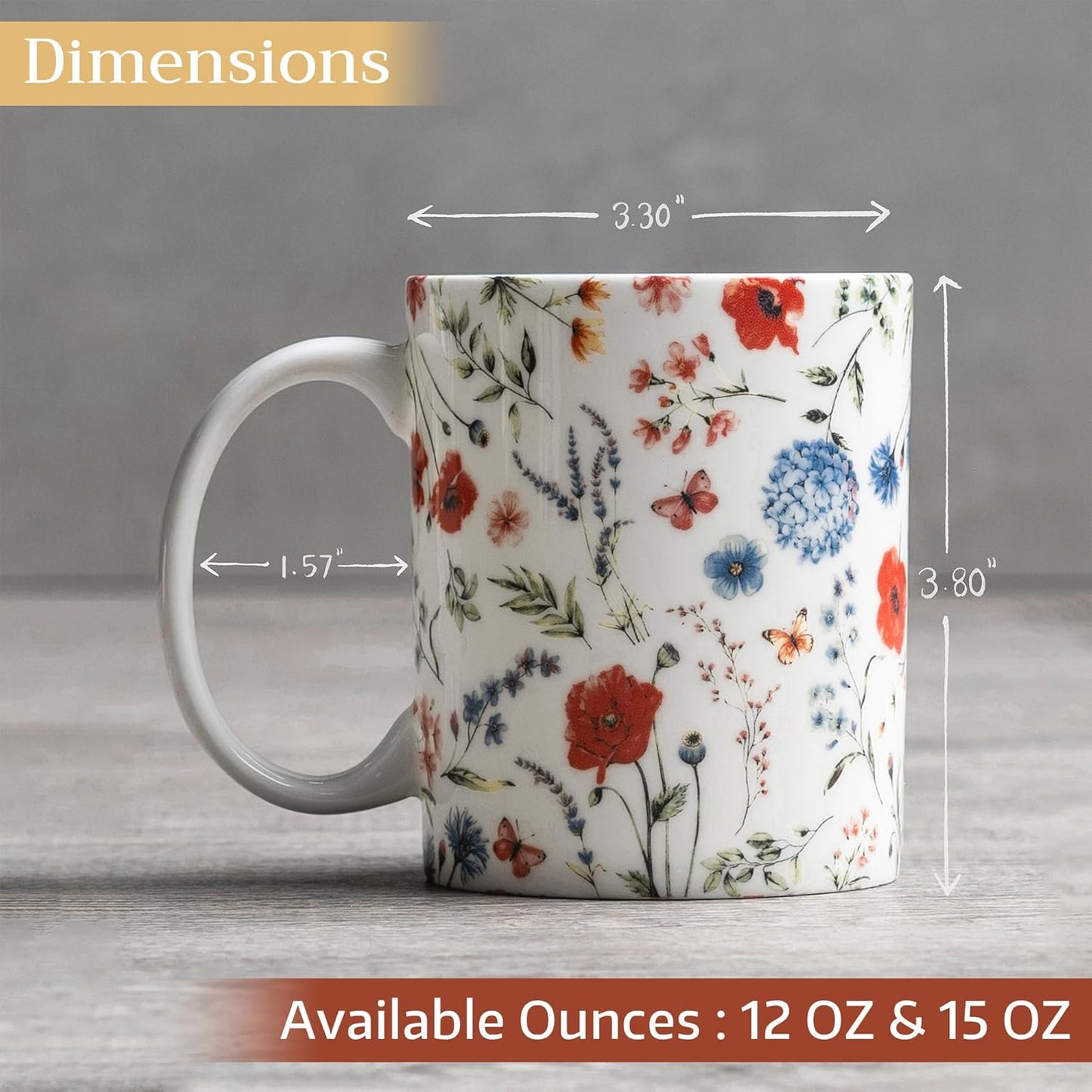 Maison d' Hermine Coffee Mug with Handles Fine Bone China Mugs Pack of Two Tea Cups for Hot Beverages Cappuccino Latte Home Restaurant Office Perfect for Gift (Just Floral, 15 Ounce)