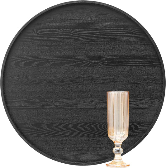 16 inch Round Solid Wood Serving Tray Extra Large Tea Coffee Snack Food Meals Serving Plate Non-Slip Kitchen Party Bar Server Ottoman Tray Breakfast Tray with Raised Edges Heavy Duty Edition Black