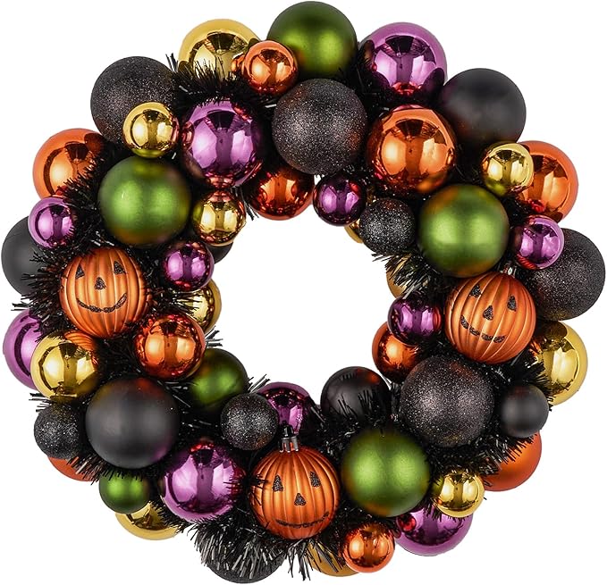 JORNOY 13inch Small Halloween Ball Wreath with Ghost&Pumpkin Accents - Seasonal Orange/Black Wall Hanging, Front Door, Mantel, Porch Decor for Home