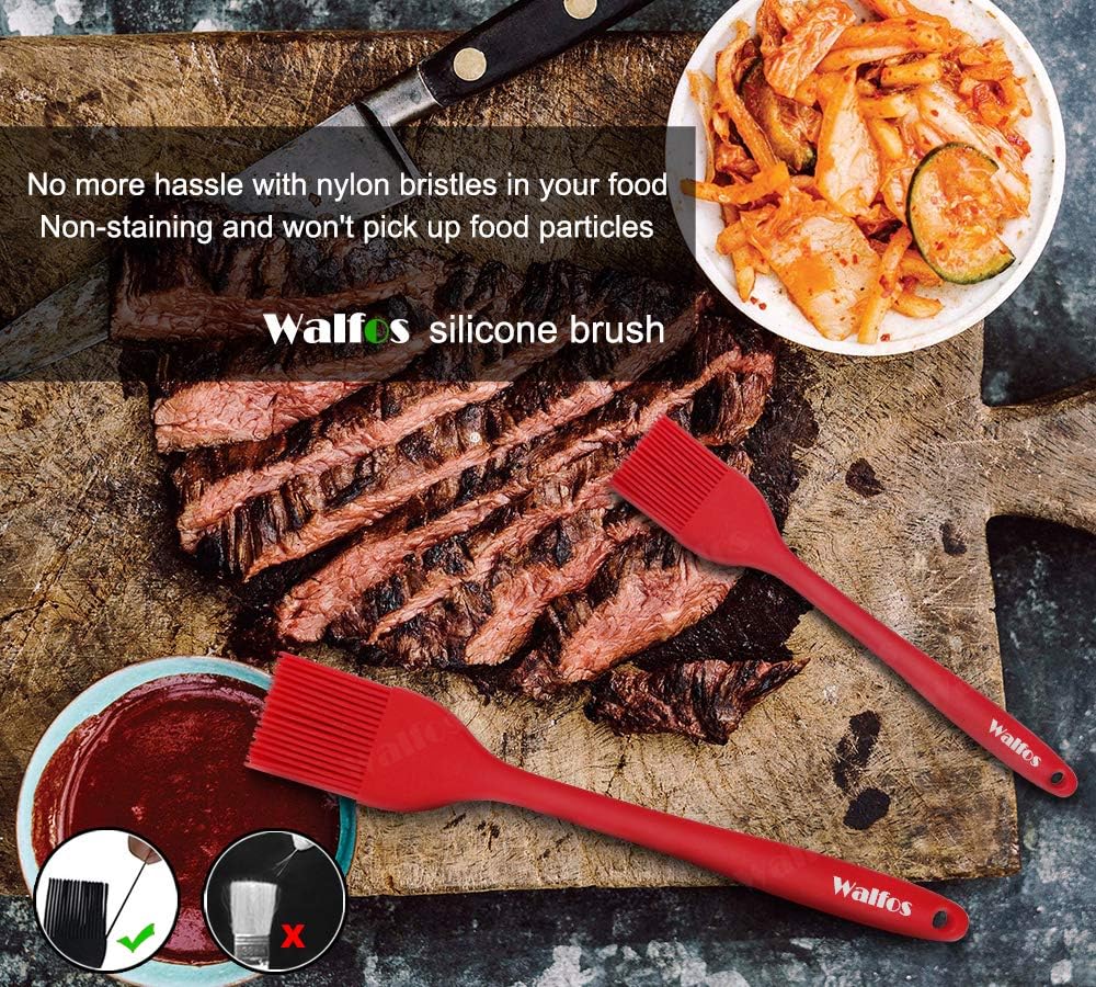 Walfos Silicone Basting Pastry Brush, Heat Resistant Pastry Brush Set, Strong Steel Core and One-Pieces Design, Perfect for BBQ Grill Baking Kitchen Cooking, BPA Free and Dishwasher safe, 2 Pcs (red)