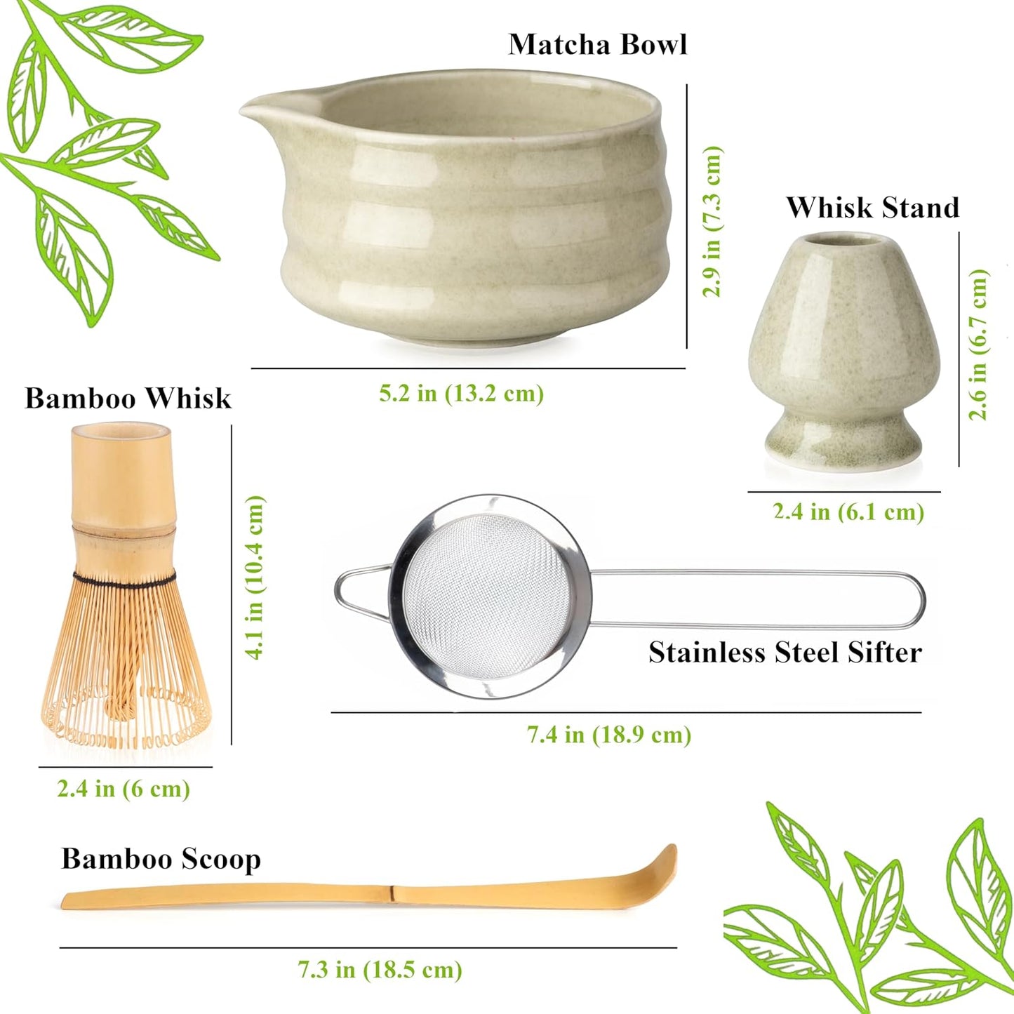 Marce Matcha Whisk Set- Matcha Set includes Matcha Whisk and Bowl (Bowl with Spout), Sifter, Holder and Scoop- The Perfect Bamboo Whisk for Matcha Tea (Molted Green)