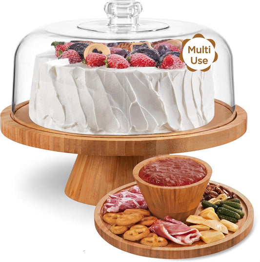 HBlife Cake Stand with Lid (11.4"), Multifunctional Cake Stand with Acrylic Dome, Bamboo 6-in-1 Cake Plate Display Stand with Cover for Baking Gifts, Birthday Kitchen Parties, Weddings